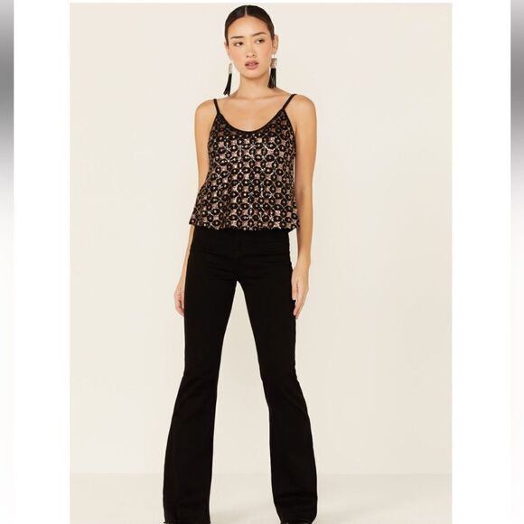 Shyanne Black Golden Bronze Sequin Diamond Pattern Sparkle Tank Top NEW - Picture 4 of 16